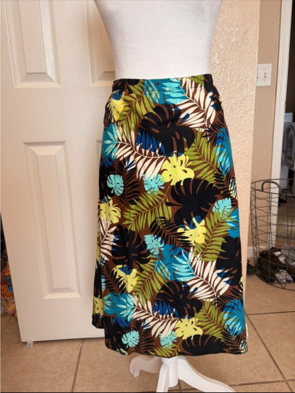 Tropical Print A-Line Skirt in Blue, Green & Black